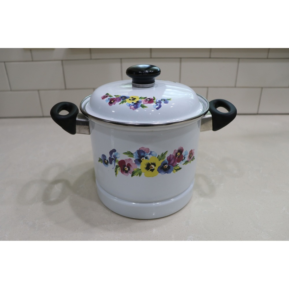 Vintage GMI Enamelware Steamer Pot with Insert Floral Pansy White 5.75x7.5in
